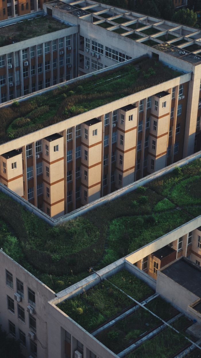 Aerial shot showcasing green rooftop gardens amidst urban buildings, promoting eco-friendly architecture.